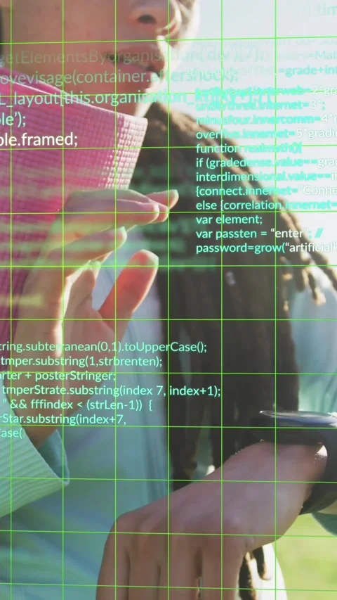 Animation of computer language and grid pattern, woman using smartwatch Stock Footage 344706472