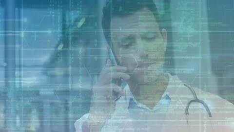 Animation of computer language and hexagon pattern over caucasian doctor talking Stock Footage 245977022