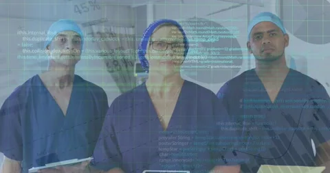 Animation of computer language and infographic interface over diverse doctors Stock Footage 329167121