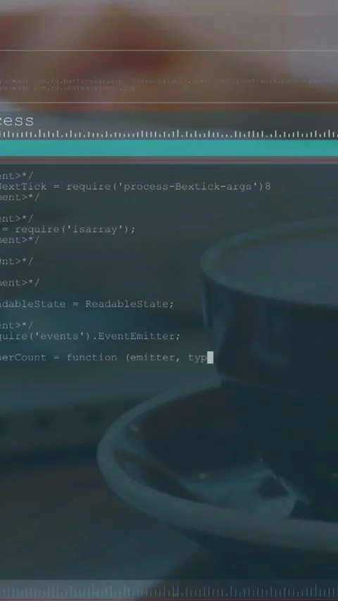 Animation of computer language and interface over coffee cup and caucasian man Stock Footage 320921624