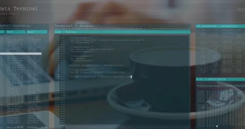 Animation of computer language and interface over coffee cup and caucasian man Stock Footage 327783543