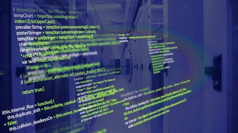 Animation of computer language and lens flares over data server room Video stock 326304777