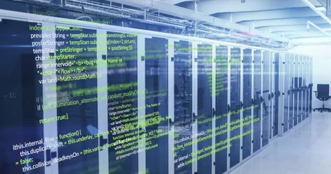 Animation of computer language and lens flares over data server racks in server Video stock 330058728