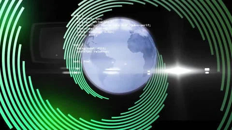 Animation of computer language and lines moving in circular motion around globe Stock Footage 330658336