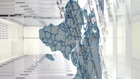 Animation of computer language and map over data server room Video stock 312533410