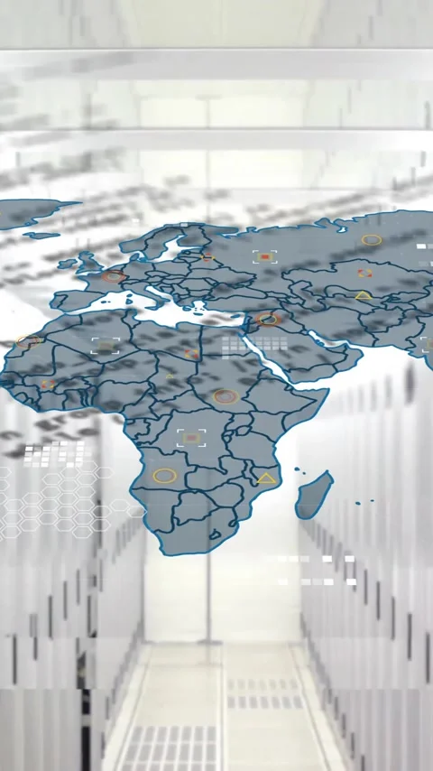 Animation of computer language and map over data server room 스톡 동영상 323579008