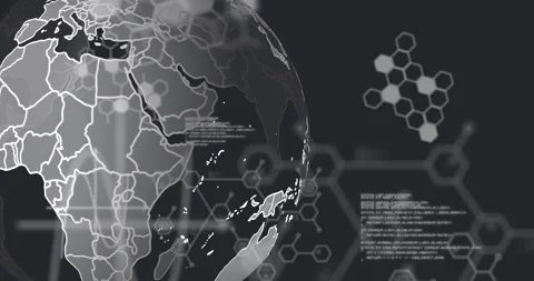Animation of computer language and molecule structures over rotating globe on Stock Footage 326192648