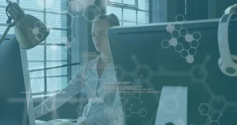 Animation of computer language and molecule structures over caucasian woman Stock Footage 328363472