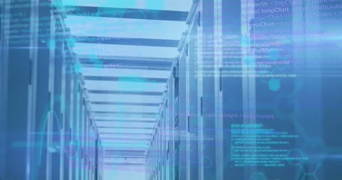 Animation of computer language and molecules structure over server room Stock Footage 326192853