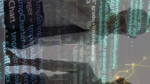 Animation of computer language and navigation pattern over diverse engineers Stock Footage 313186091