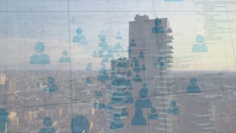 Animation of computer language and profile icons against aerial view of city Stock Footage 327450318