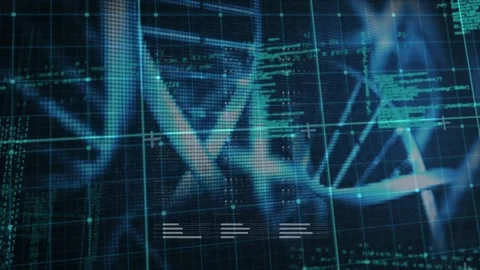 Animation of computer language and rotating dna helixes over black background Stock Footage 327524616