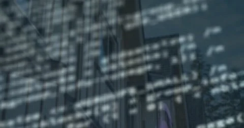 Animation of computer language and rotating circles over low angle view of Stock Footage 329125594