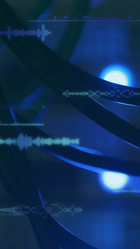 Animation of computer language and soundwaves over close up of wires in server Stock Footage 323579029