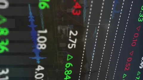 Animation of computer language and trading board over transmission towers and Stock Footage 313308713