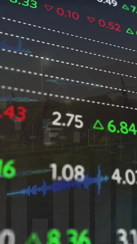 Animation of computer language and trading board over transmission towers and Stock Footage 320983604