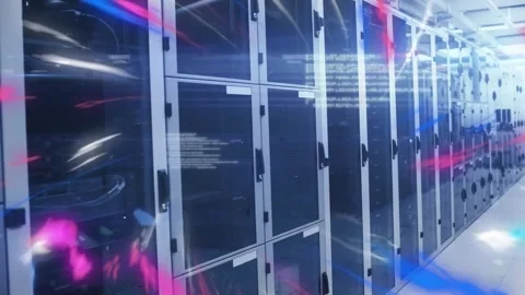 Animation of computer language and wave pattern over data server racks in server Stock Footage 250314467