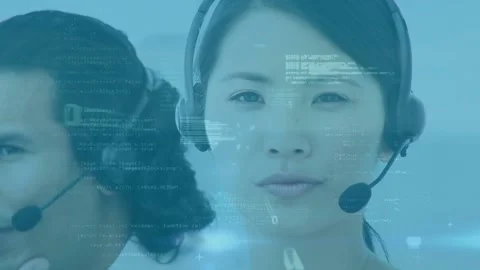 Animation of computer language, binary codes over asian customer representative Stock Footage 230188425