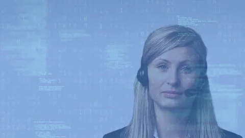 Animation of computer language, binary codes over caucasian call center agent Stock Footage 230188426