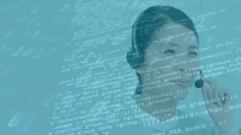 Animation of computer language, binary codes over asian agent assisting customer Stock Footage 230188427