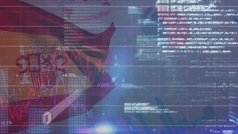 Animation of computer language, binary codes, graphs over flag of spain and Stock Footage 244698488