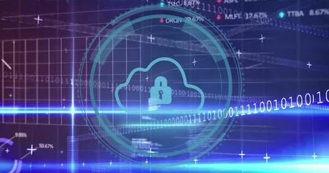 Animation of computer language, binary codes, trading boards, graphs, padlock in Stock Footage 247260442