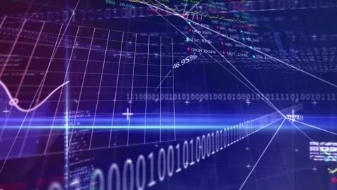 Animation of computer language, binary codes, trading board and graphs Stock Footage 249071300