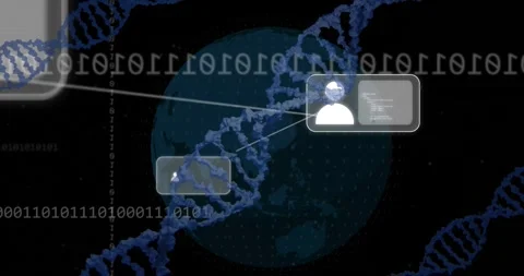 Animation of computer language, binary codes, dna helixes and globe over black Stock Footage 250591797