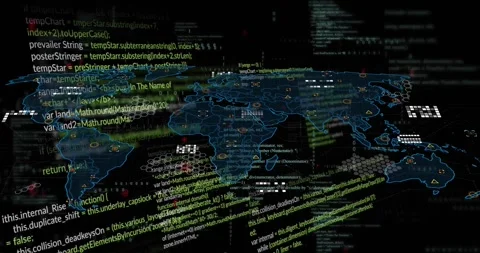 Animation of computer language, binary codes and map over black background Stock Footage 257102382