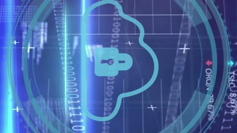 Animation of computer language, binary codes, trading boards, graphs, padlock in Stock Footage 313331525