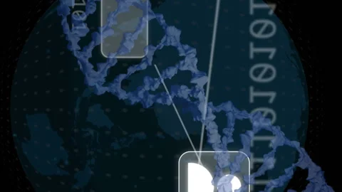 Animation of computer language, binary codes, dna helixes and globe over black Stock Footage 313355716