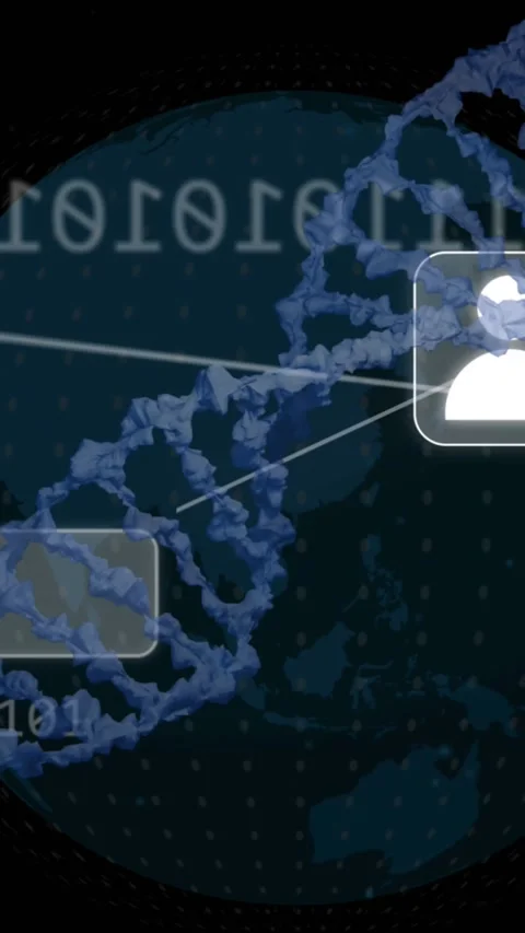 Animation of computer language, binary codes, dna helixes and globe over black Stock Footage 320921563