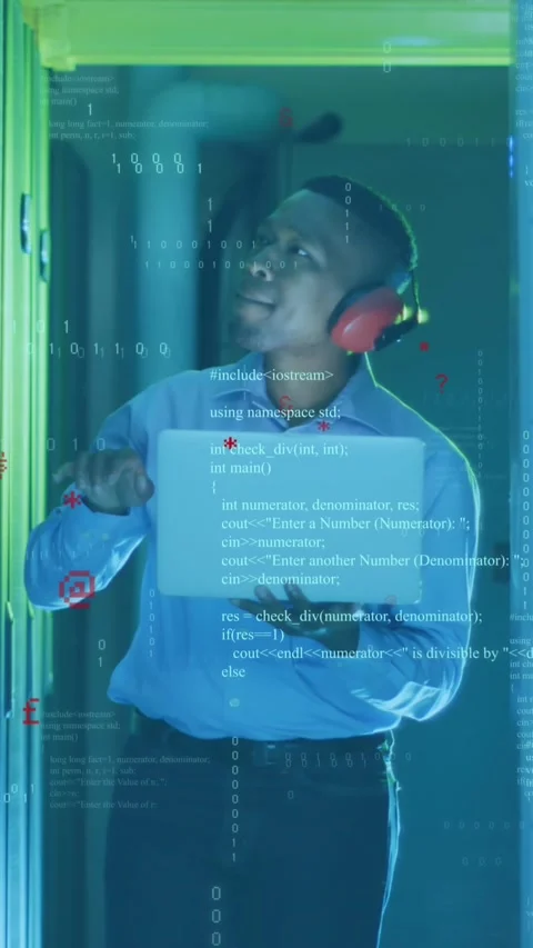 Animation of computer language, binary codes, african american male engineer Stock Footage 320983111