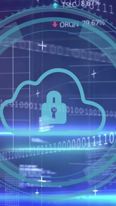 Animation of computer language, binary codes, trading boards, graphs, padlock in Stock Footage 321039377