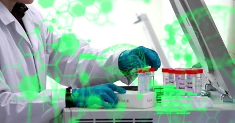 Animation of computer language, brain over biracial researcher placing Stock Footage 244785599