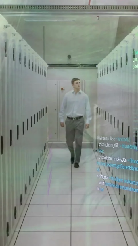 Animation of computer language, caucasian man looking at server racks while Stock Footage 323579021