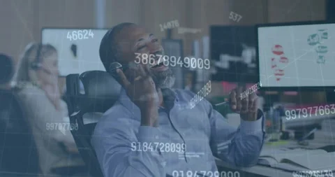 Animation of computer language, changing numbers, laughing african american man Stock Footage 330407727