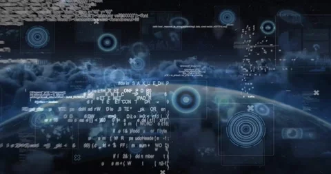 Animation of computer language, circles, radars, globe over aerial view of dense Video stock 330659757