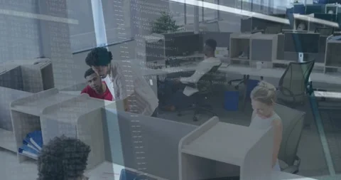 Animation of computer language in computer interface over diverse coworkers Stock Footage 330469782