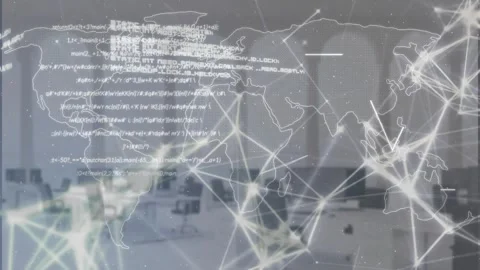 Animation of computer language, connected dots and map, unoccupied chairs in Stock Footage 243712971