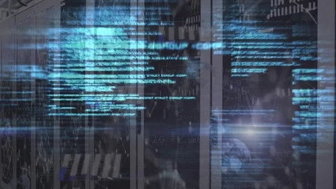 Animation of computer language, connected dots, globe and graphs against server Stock Footage 327196241