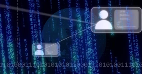 Animation of computer language, connected icons, binary codes and changing Stock Footage 250591812