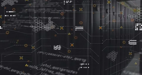 Animation of computer language, geometric shapes, circuit board pattern over Stock Footage 255168895