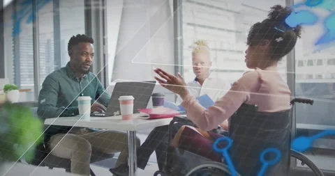 Animation of computer language, globe, diverse coworkers with coffee discussing Stock Footage 329368785