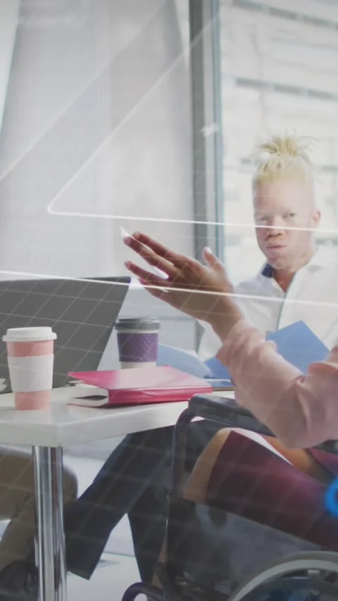 Animation of computer language, globe, diverse coworkers with coffee discussing Stock Footage 344636410