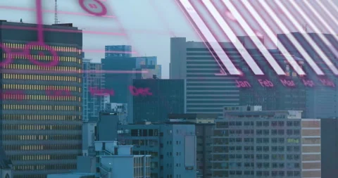 Animation of computer language, globe, graphs, loading circles over aerial view Stock Footage 310978037