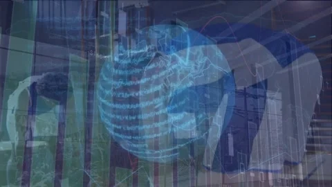 Animation of computer language, globe, graphs over diverse male players Stock Footage 329362364