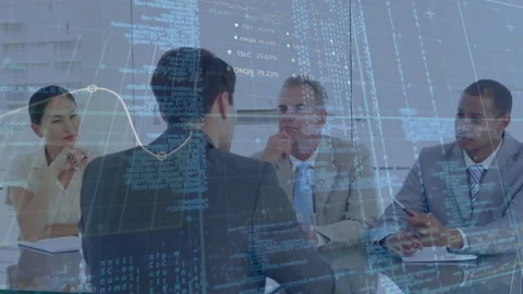 Animation of computer language, graph and trading board, diverse hr managers Stock Footage 315734197