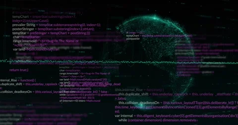 Animation of computer language, graphs, globe and changing numbers over black Stock Footage 329110389