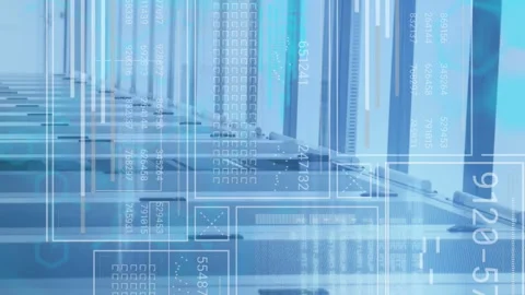 Animation of computer language, graphs, loading bars and circles over data Stock Footage 312366234